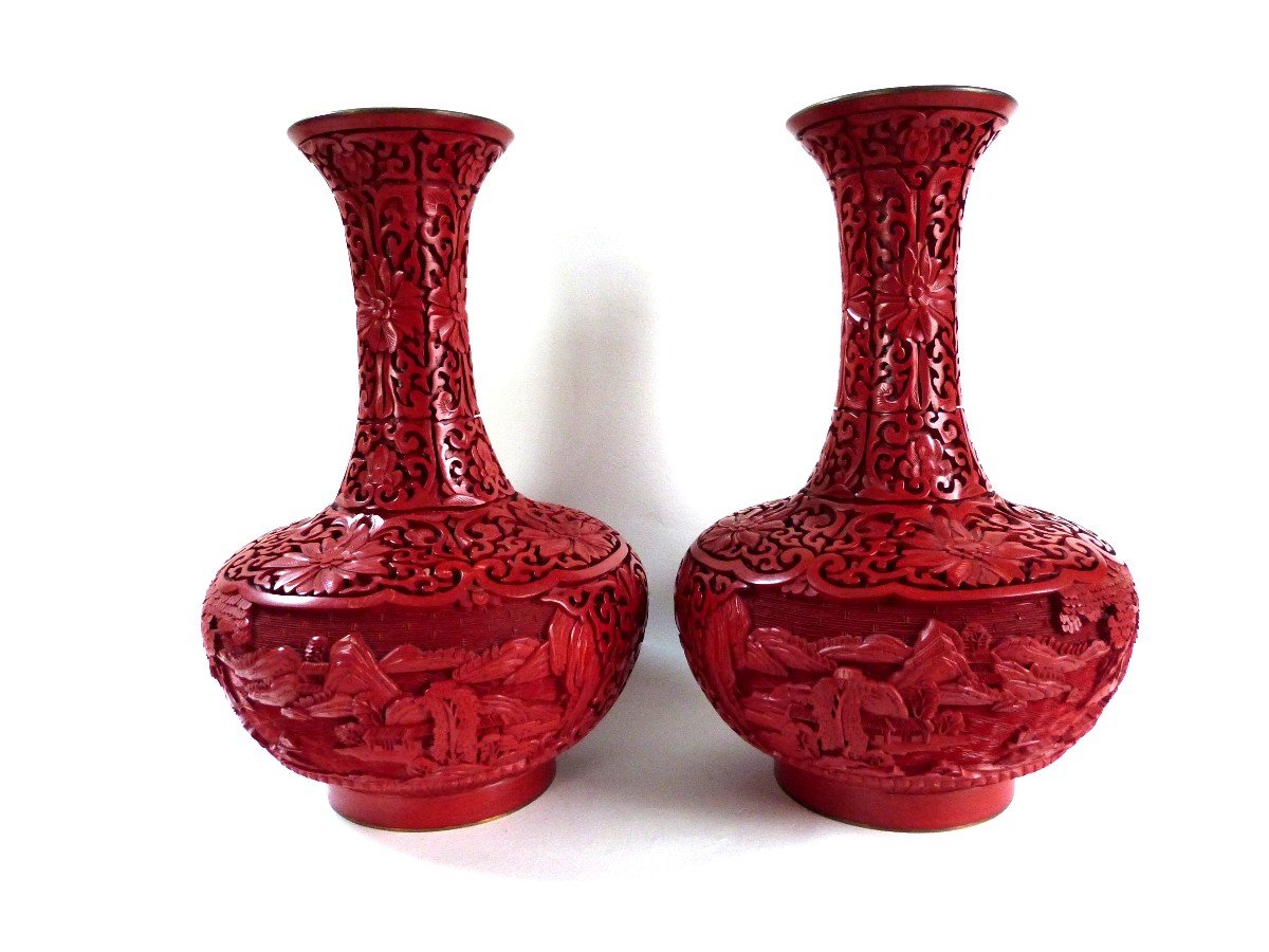 Pair Of Pekin Cinnabar Red Lacquer Vases China Mid 20th Century