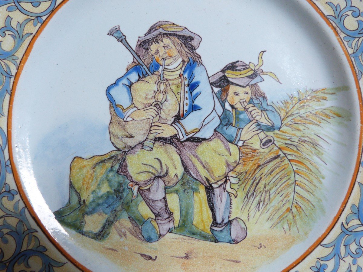 Earthenware Plate From Quimper Porquier Beautiful 19th Century Ménétriers Decor-photo-2