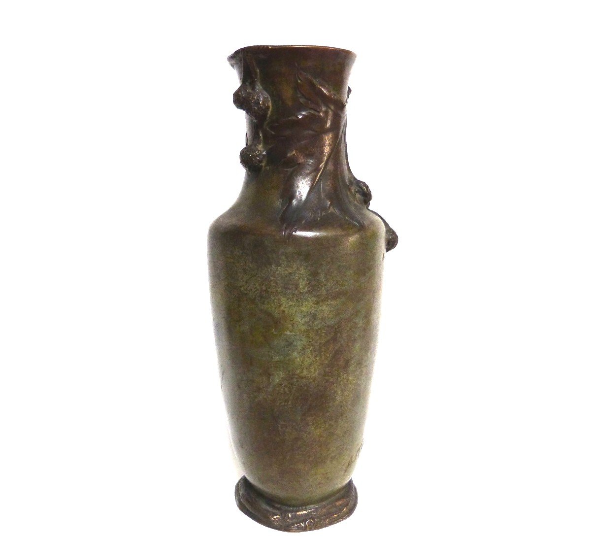 Albert Marionnet Vase Art Nouveau En Bronze Décor Platane Rare Patine Verte-photo-2