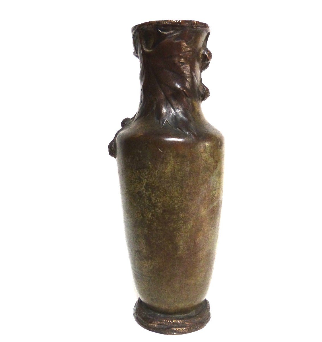 Albert Marionnet Vase Art Nouveau En Bronze Décor Platane Rare Patine Verte-photo-3