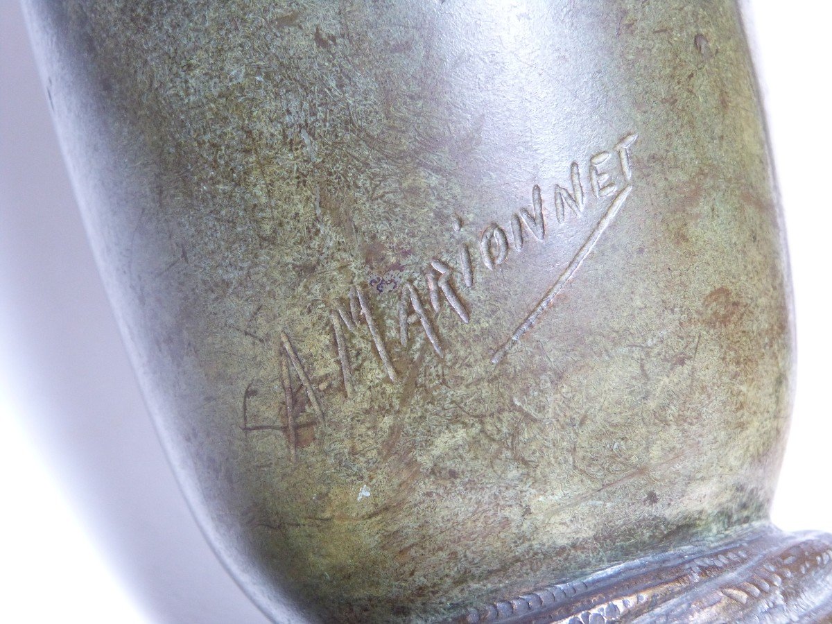 Albert Marionnet Vase Art Nouveau En Bronze Décor Platane Rare Patine Verte-photo-4