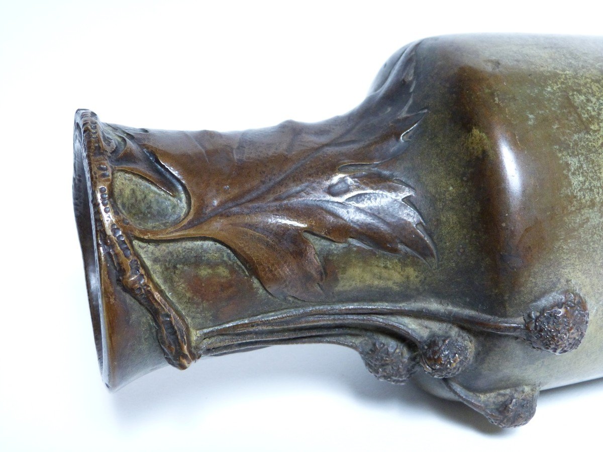 Albert Marionnet Vase Art Nouveau En Bronze Décor Platane Rare Patine Verte-photo-1