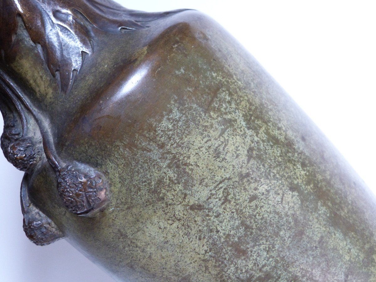 Albert Marionnet Vase Art Nouveau En Bronze Décor Platane Rare Patine Verte-photo-2