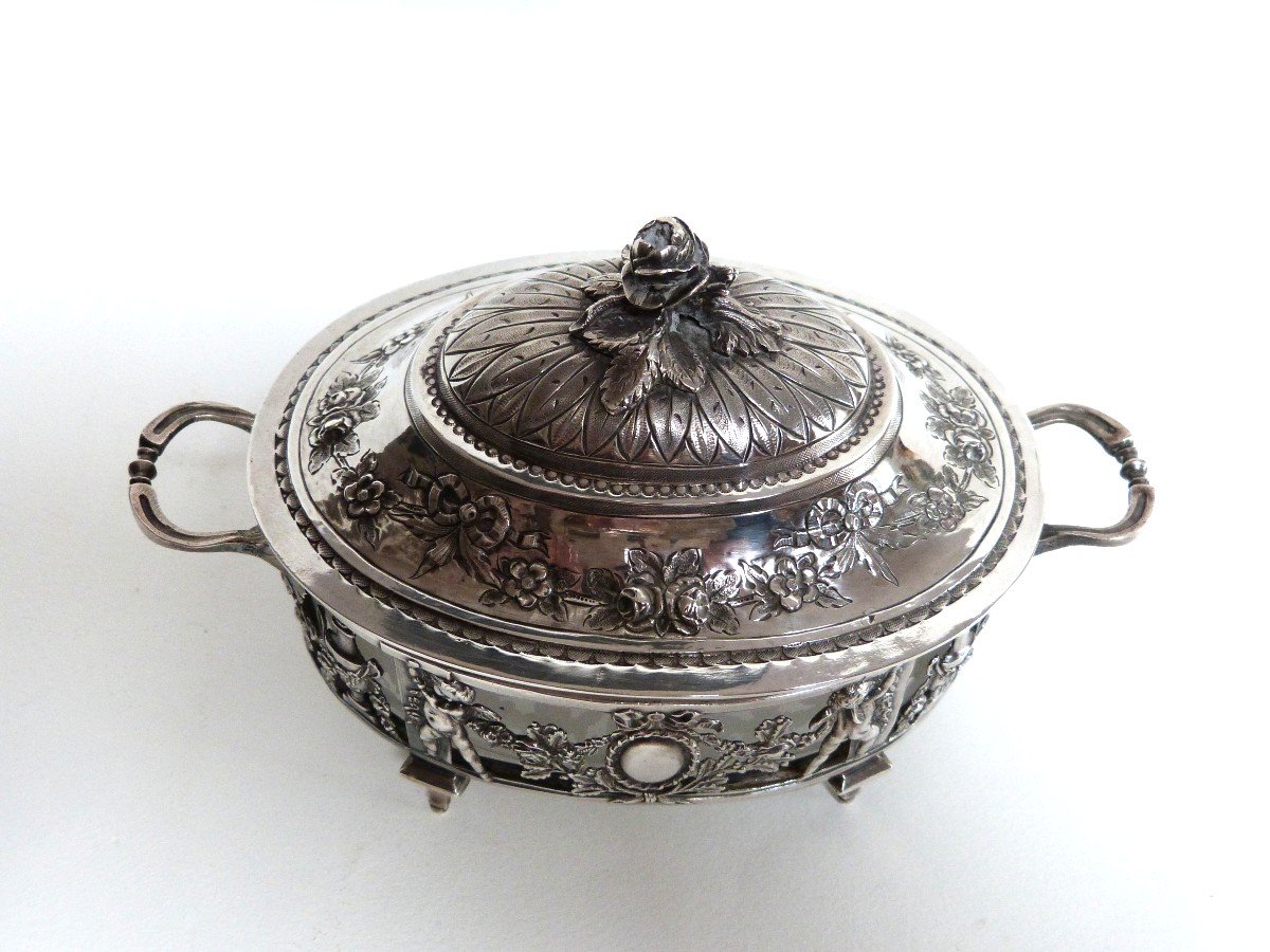 Sugar Bowl In Sterling Silver Minerva Léon Lapar Goldsmith Louis XVI Decor Cherubs Garland-photo-3