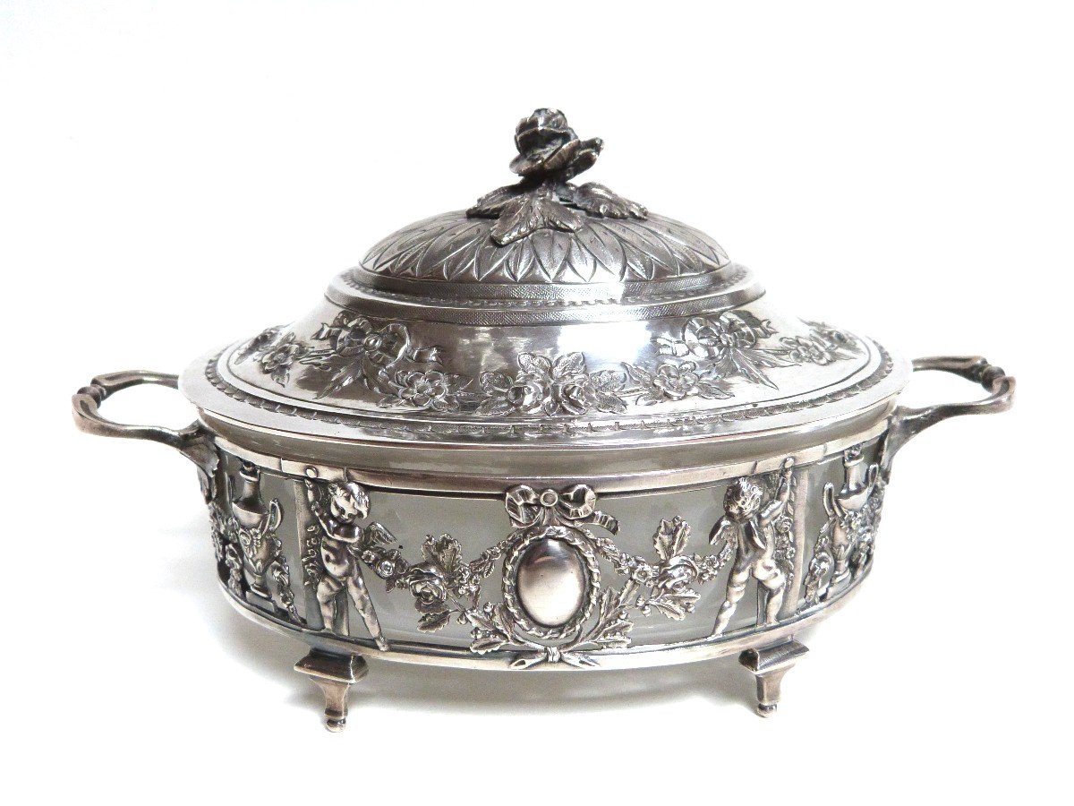 Sugar Bowl In Sterling Silver Minerva Léon Lapar Goldsmith Louis XVI Decor Cherubs Garland