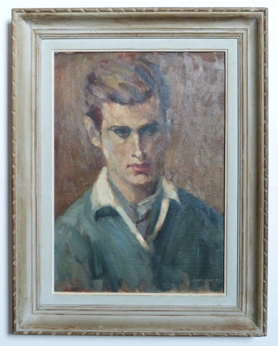 Portrait Of Young Man Oil On Panel Signed Stevens 1957-photo-2