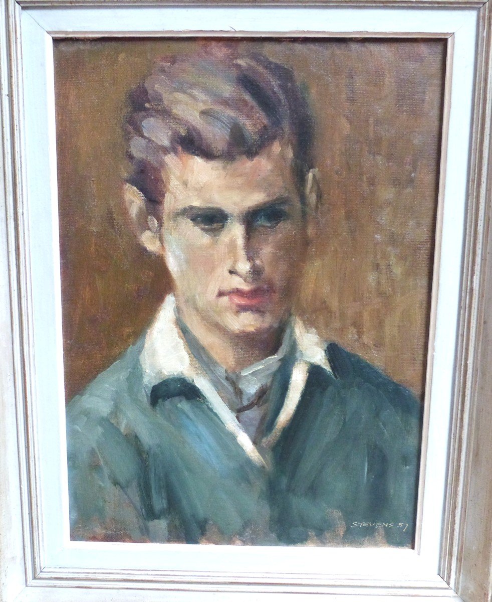 Portrait Of Young Man Oil On Panel Signed Stevens 1957