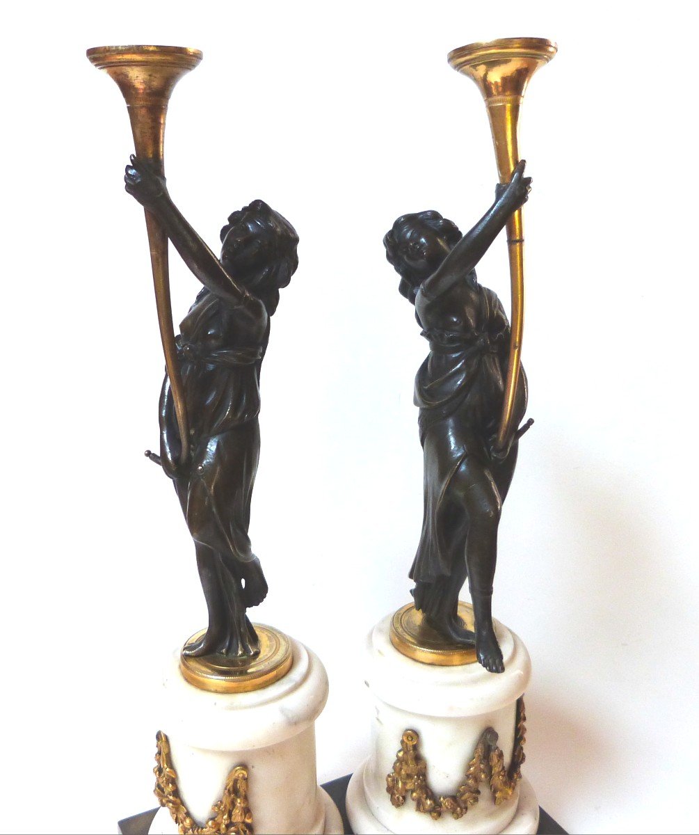 Pair Of Bronze Candelabra Candlesticks, Louis XVI Period, Antique Draped Women -photo-2