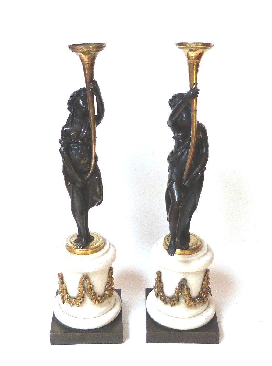 Pair Of Bronze Candelabra Candlesticks, Louis XVI Period, Antique Draped Women -photo-3