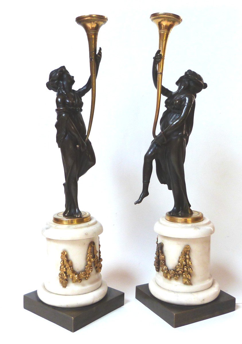 Pair Of Bronze Candelabra Candlesticks, Louis XVI Period, Antique Draped Women -photo-4
