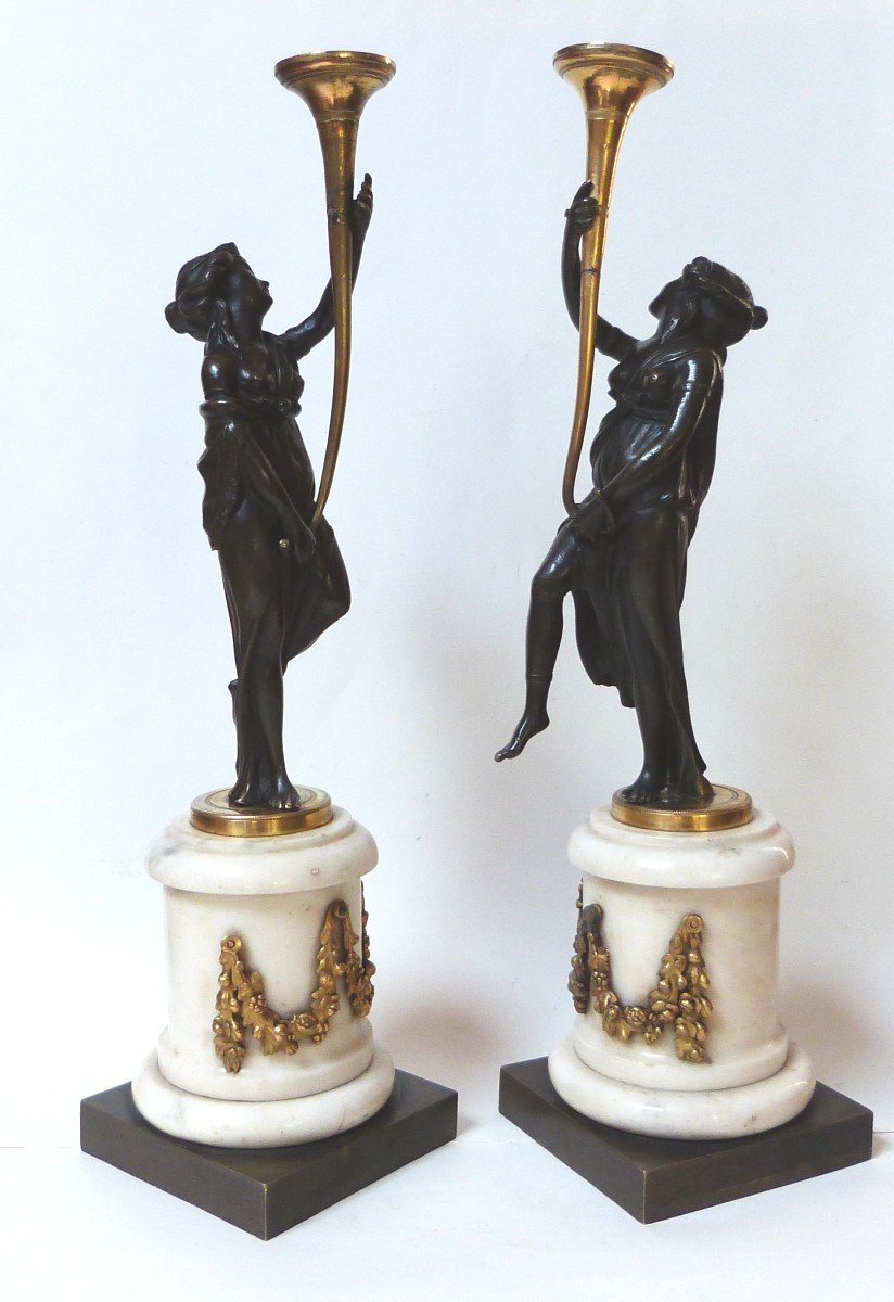 Pair Of Bronze Candelabra Candlesticks, Louis XVI Period, Antique Draped Women -photo-1
