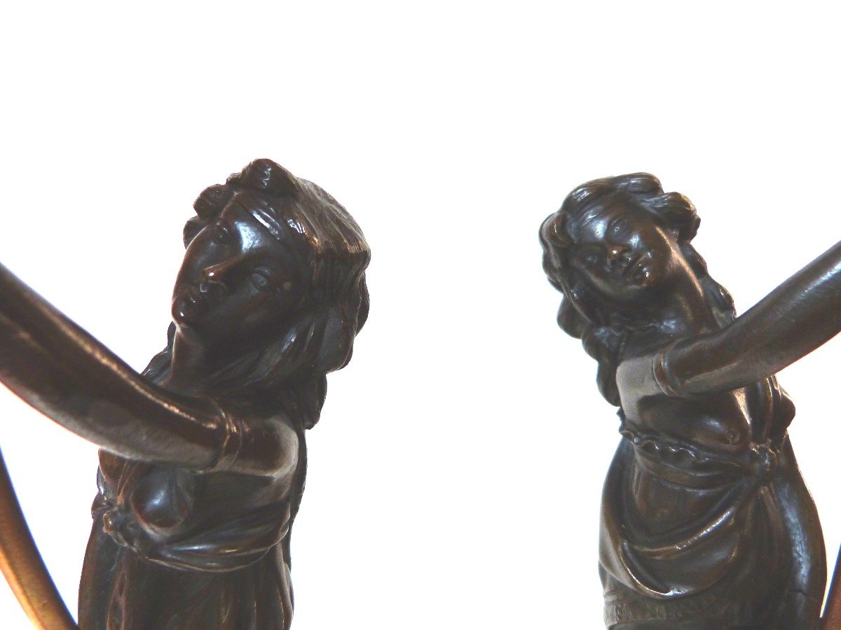 Pair Of Bronze Candelabra Candlesticks, Louis XVI Period, Antique Draped Women -photo-2