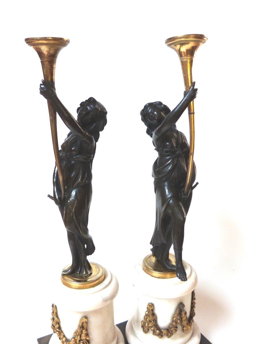 Pair Of Bronze Candelabra Candlesticks, Louis XVI Period, Antique Draped Women -photo-3
