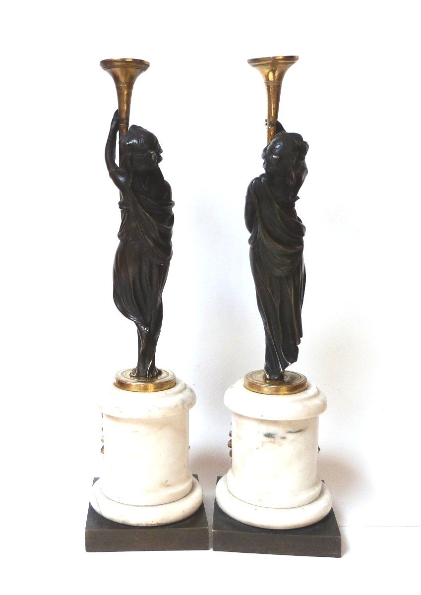 Pair Of Bronze Candelabra Candlesticks, Louis XVI Period, Antique Draped Women -photo-5