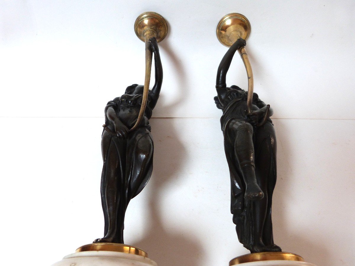 Pair Of Bronze Candelabra Candlesticks, Louis XVI Period, Antique Draped Women -photo-7