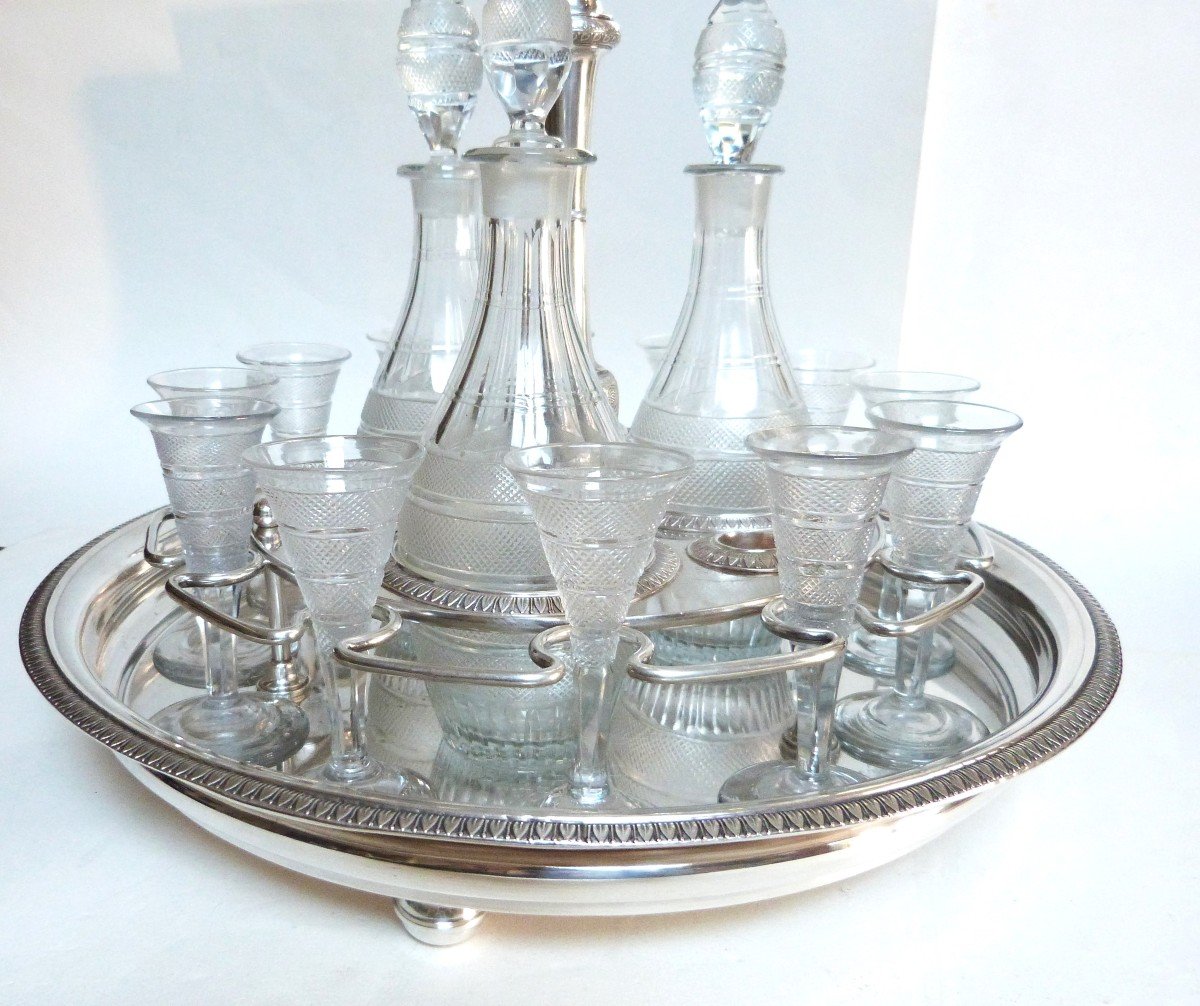 Cabaret Service à Liqueur d'époque Empire En Métal Argenté Et Cristal De Montcenis Le Creusot -photo-3