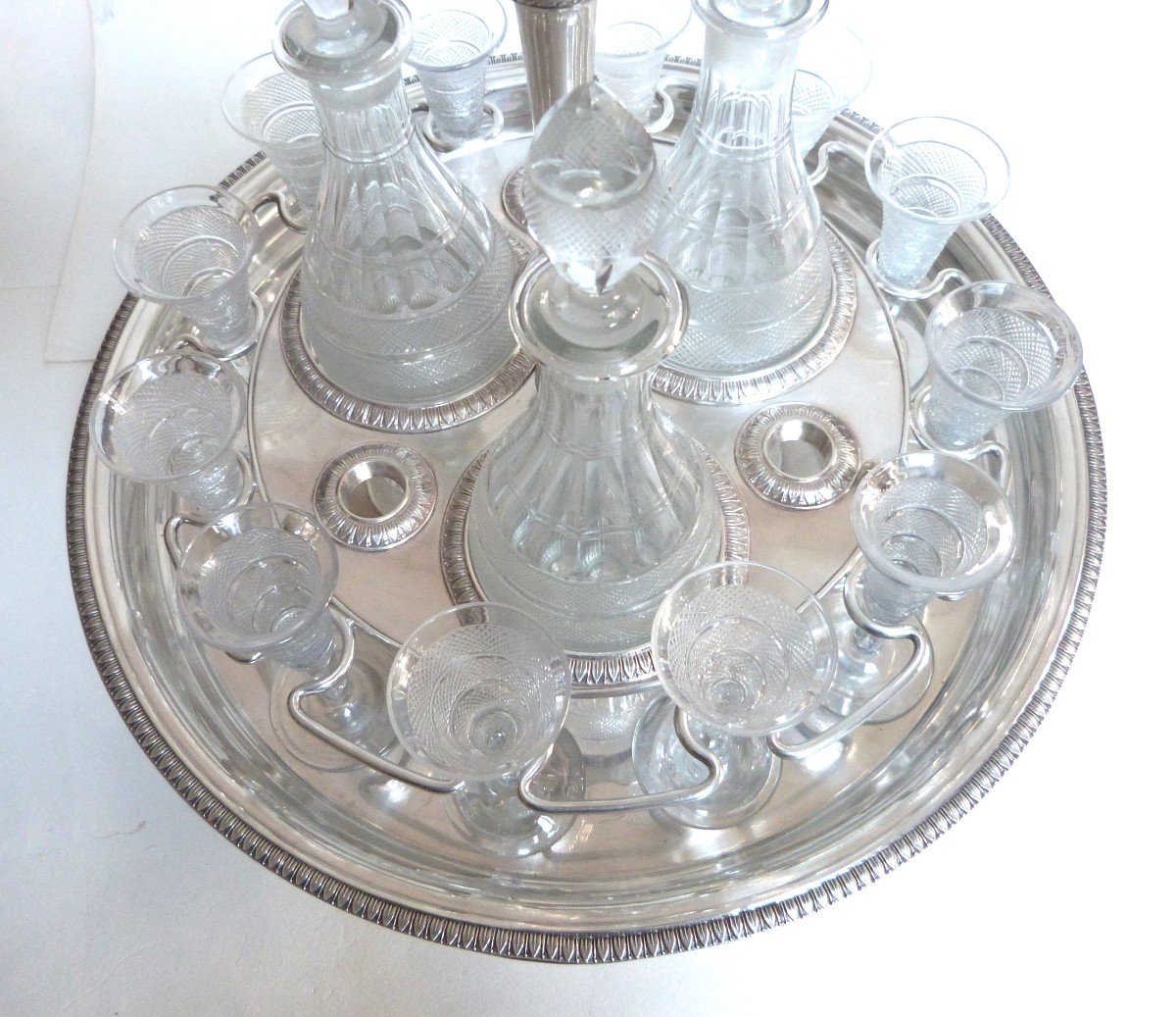 Cabaret Service à Liqueur d'époque Empire En Métal Argenté Et Cristal De Montcenis Le Creusot -photo-4