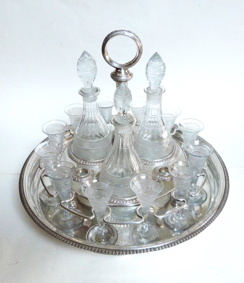 Cabaret Service à Liqueur d'époque Empire En Métal Argenté Et Cristal De Montcenis Le Creusot -photo-2