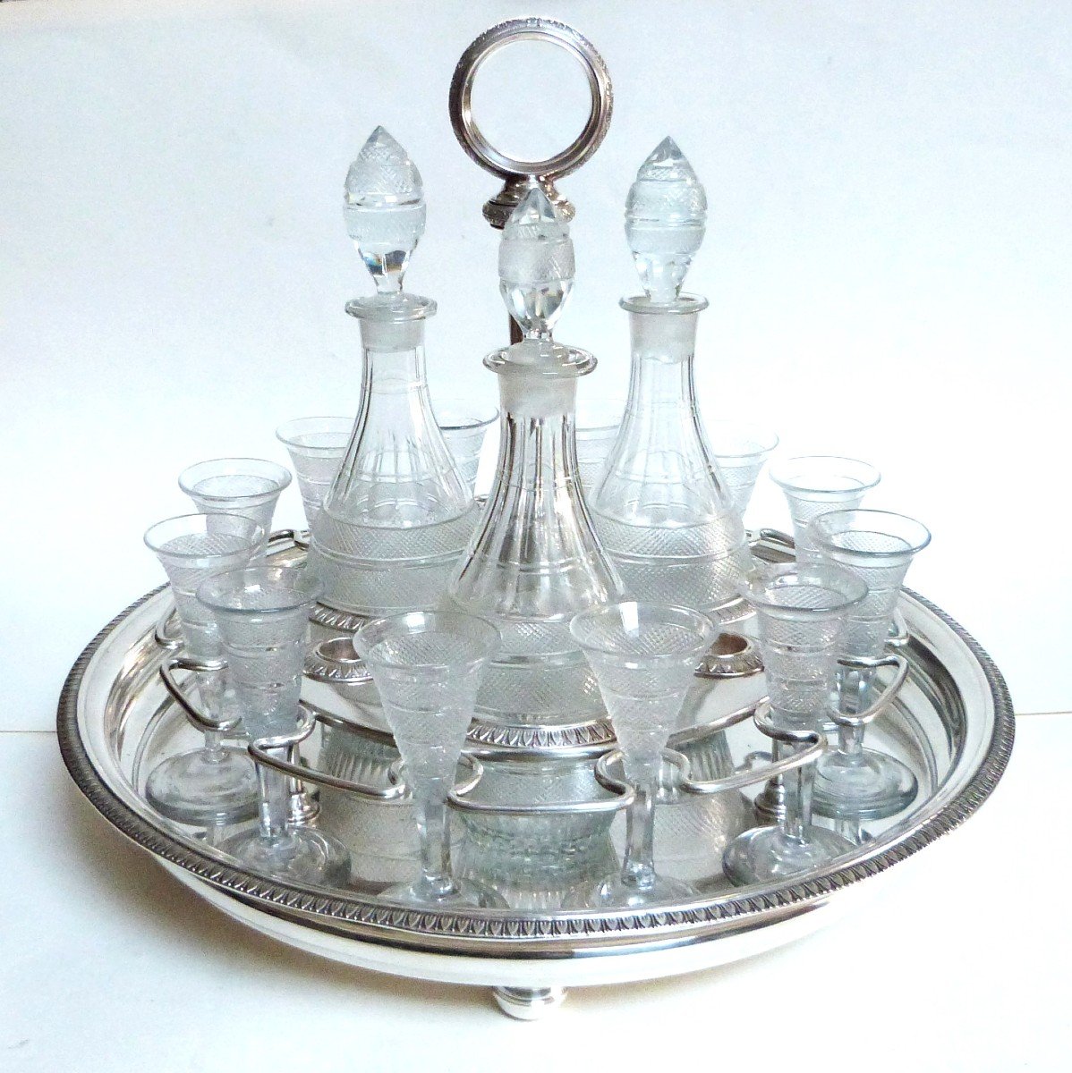 Cabaret Service à Liqueur d'époque Empire En Métal Argenté Et Cristal De Montcenis Le Creusot 