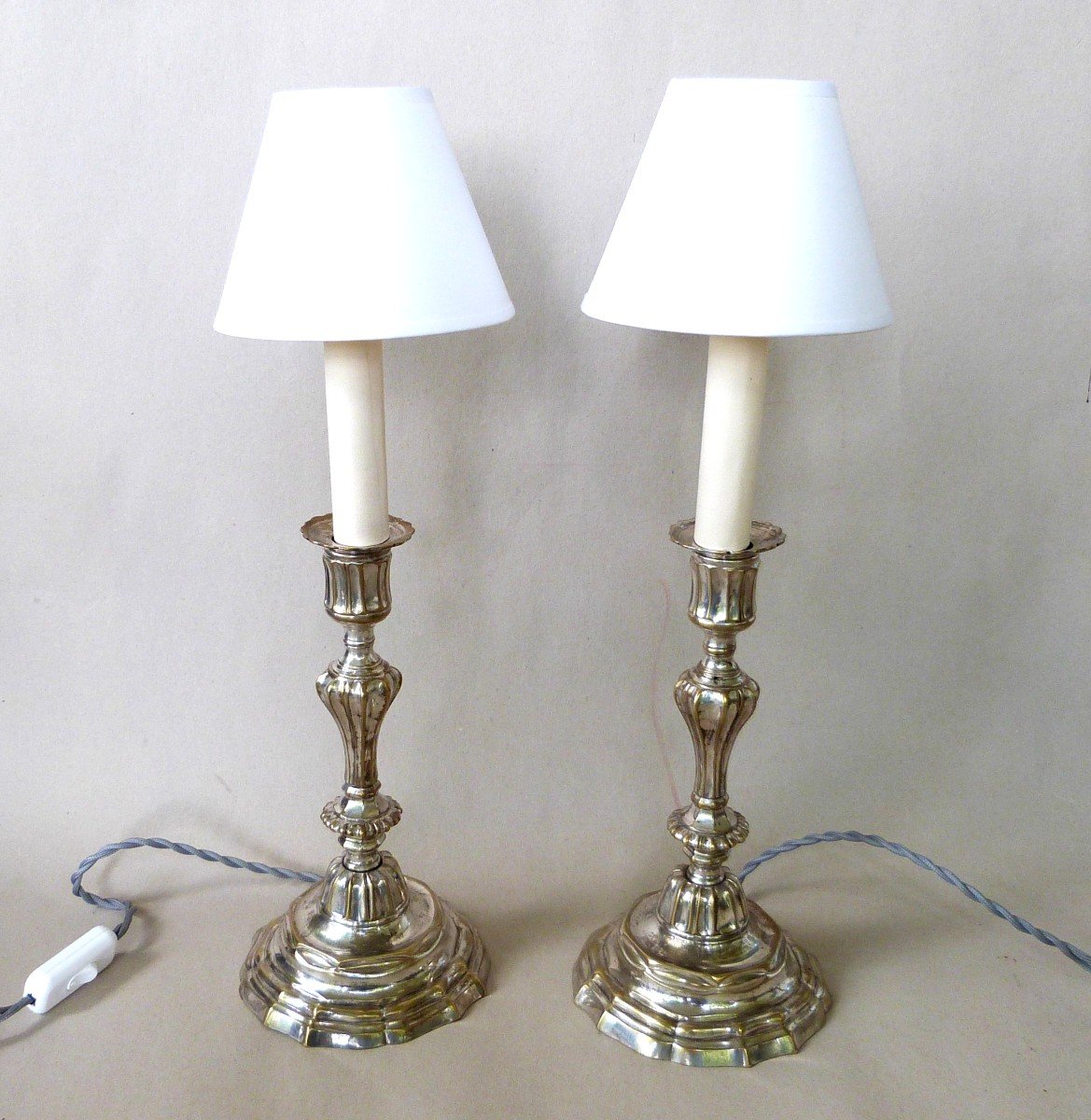 Pair Of 18th Century Electrified Silver Bronze Torches With Arms 