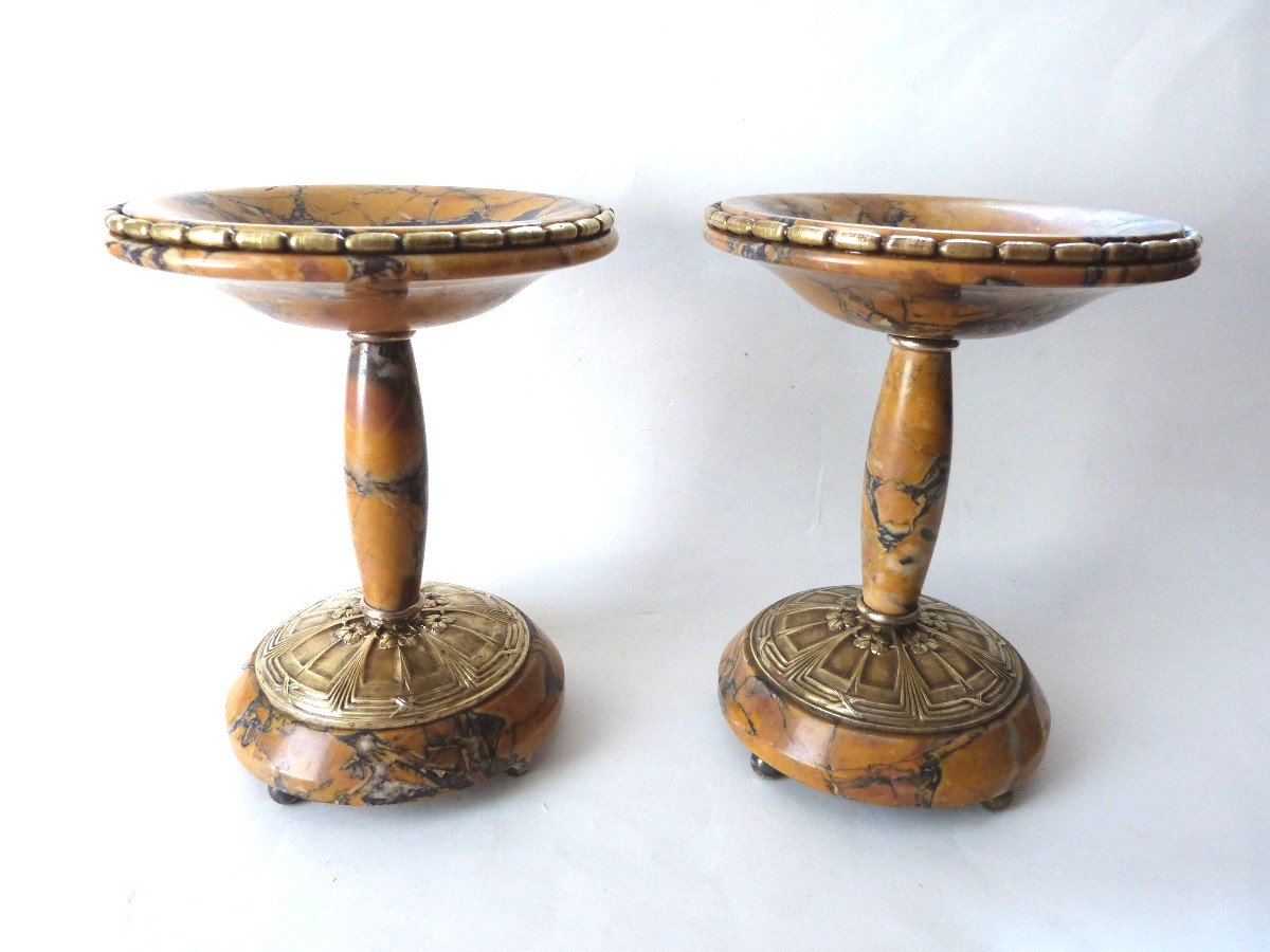 Paire De Coupes Cassolettes En Marbre Jaune De Sienne et bronze d'époque Art Déco-photo-2