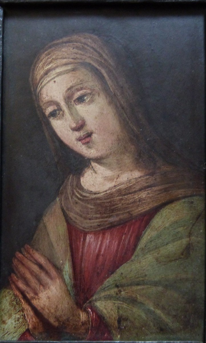 Huile Sur Cuivre Portrait De Vierge Ou De Sainte En Prière XVIIeme-photo-1