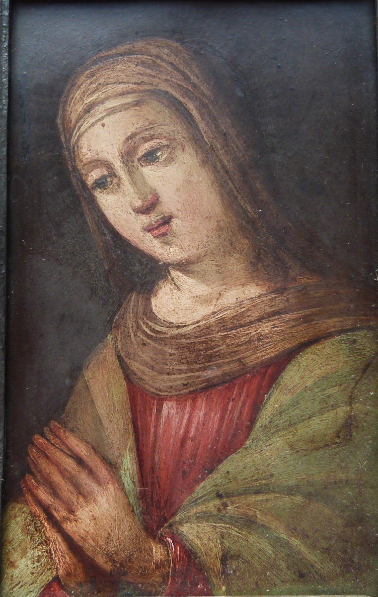 Huile Sur Cuivre Portrait De Vierge Ou De Sainte En Prière XVIIeme