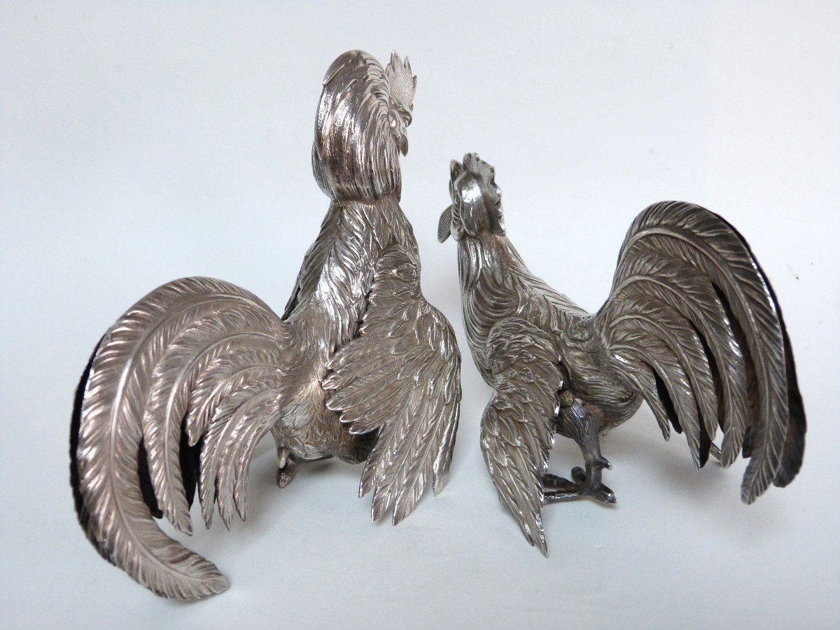 Ornamental Roosters In Solid Silver Spain First Half Of The 20th Century -photo-2