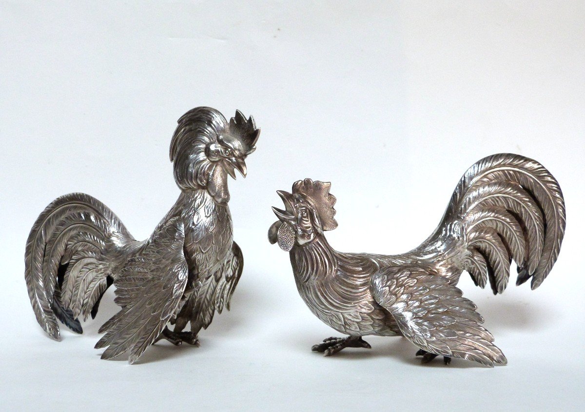 Ornamental Roosters In Solid Silver Spain First Half Of The 20th Century 
