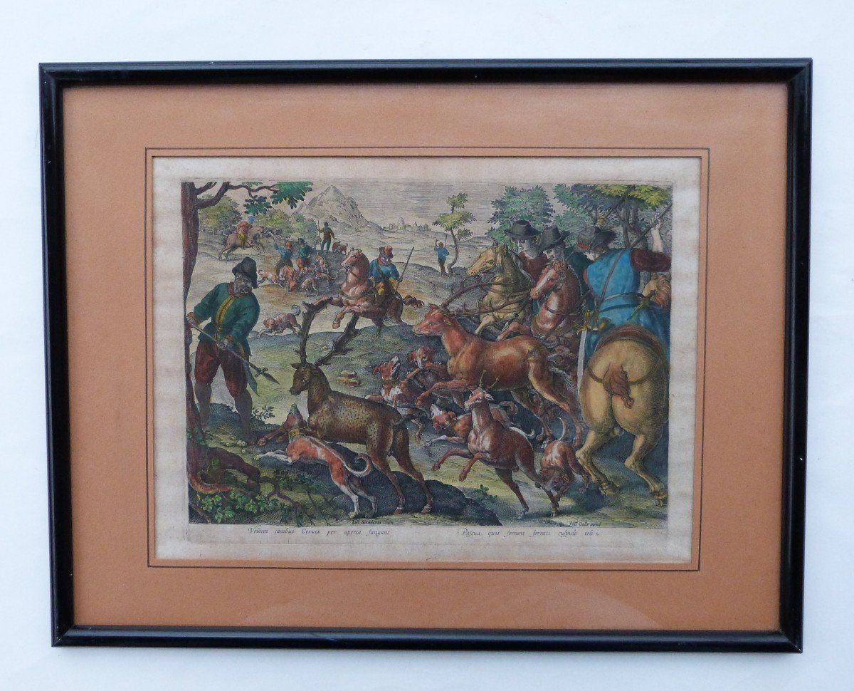 Jan Van Der Straet - Philip Galle  Gravure XVIeme Scène De Chasse rare 1er état -photo-2
