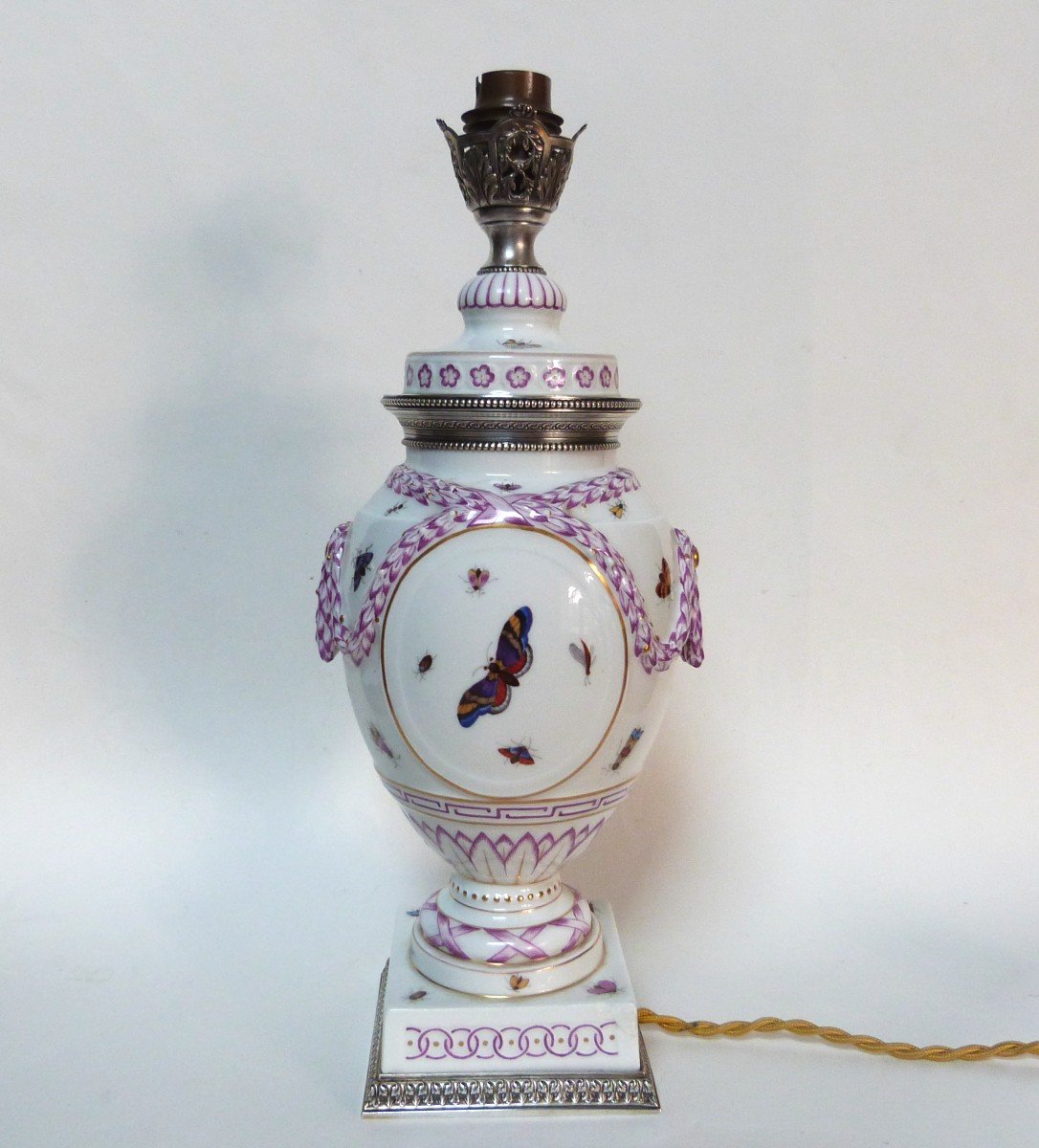 Paris Or Sèvres Porcelain Lamp And Solid Silver Risler And Square Decor Hunting And Butterflies -photo-1