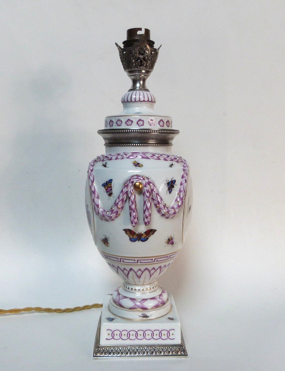 Paris Or Sèvres Porcelain Lamp And Solid Silver Risler And Square Decor Hunting And Butterflies -photo-2