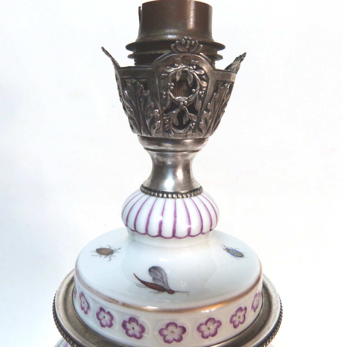 Paris Or Sèvres Porcelain Lamp And Solid Silver Risler And Square Decor Hunting And Butterflies -photo-5