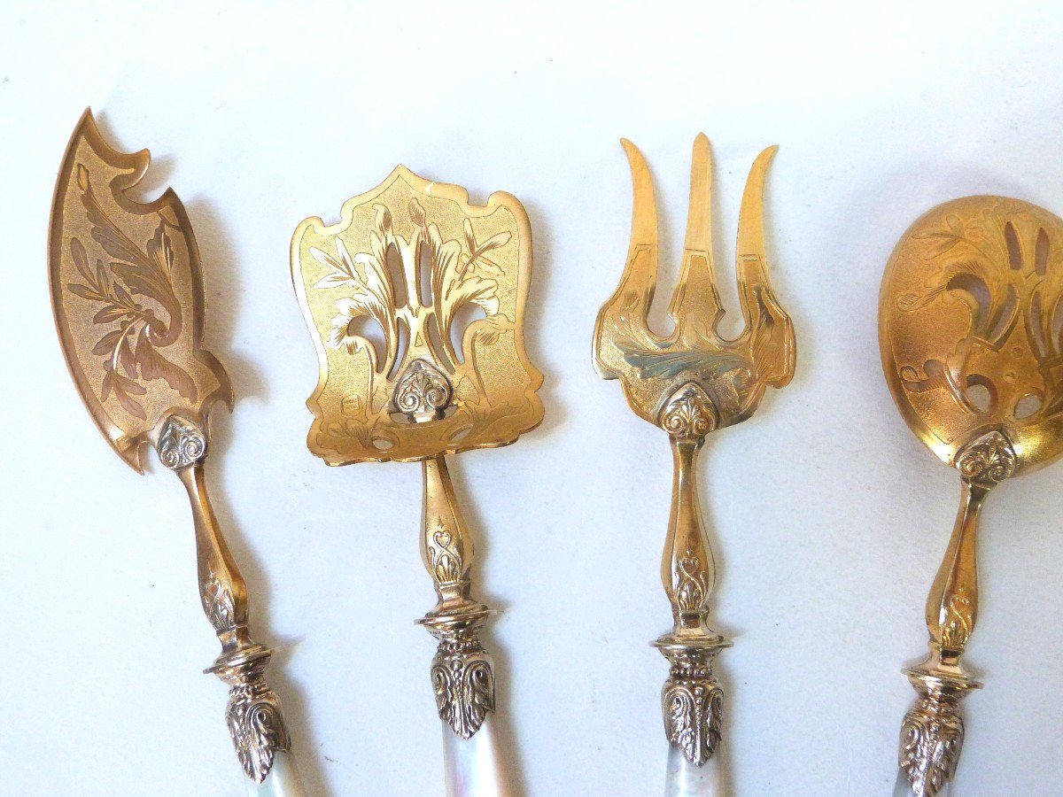 Serving Cutlery Hors d'Oeuvres Mignardises Mother-of-pearl Silver And Gold Metal -photo-4
