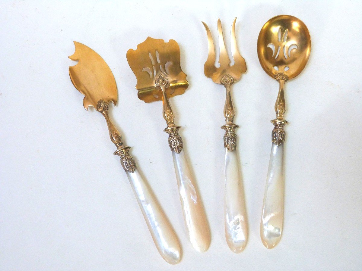 Serving Cutlery Hors d'Oeuvres Mignardises Mother-of-pearl Silver And Gold Metal -photo-4