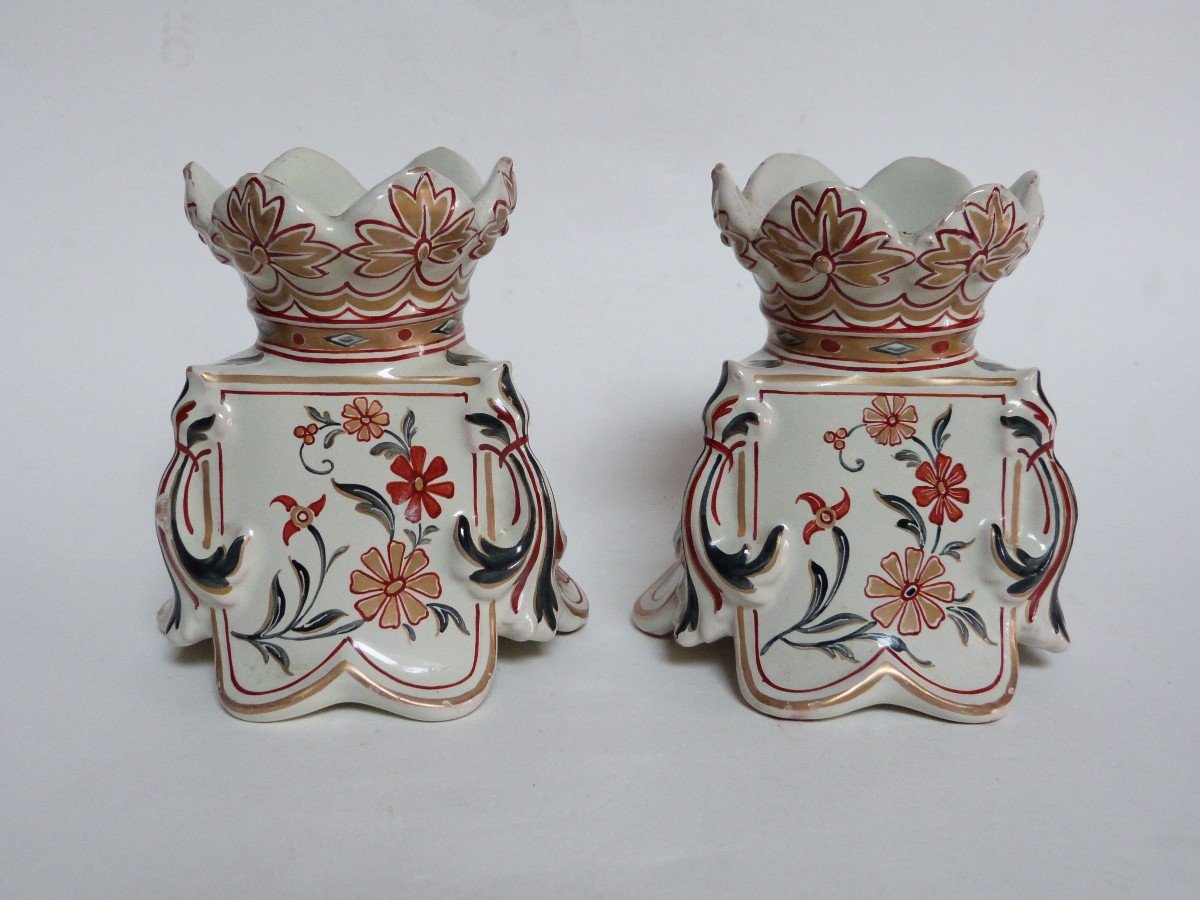 Emile Gallé Rare Pair Of Earthenware Vases Heraldic Decor -photo-3