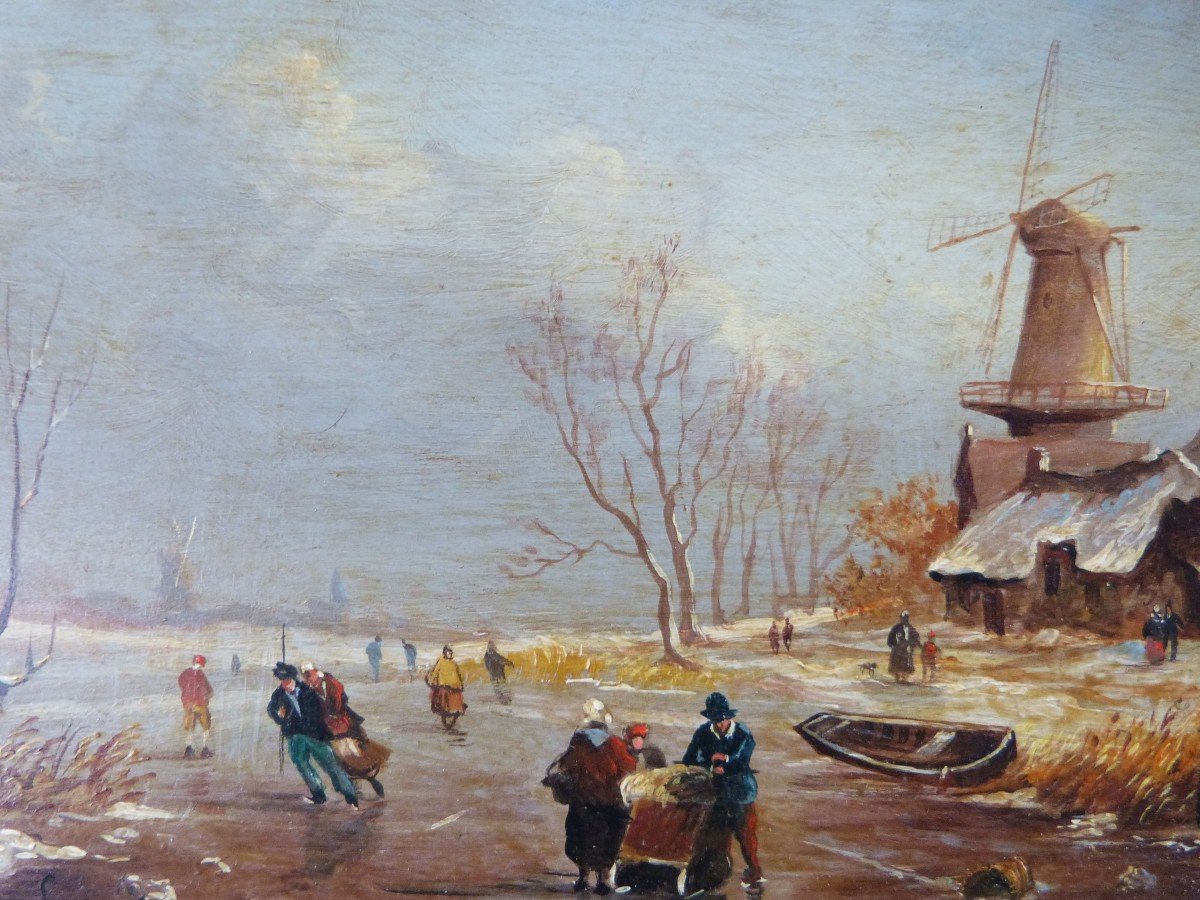 Lange Paysage d'Hiver Ecole Hollandaise Huile Sur Panneau Cadre Doré -photo-3