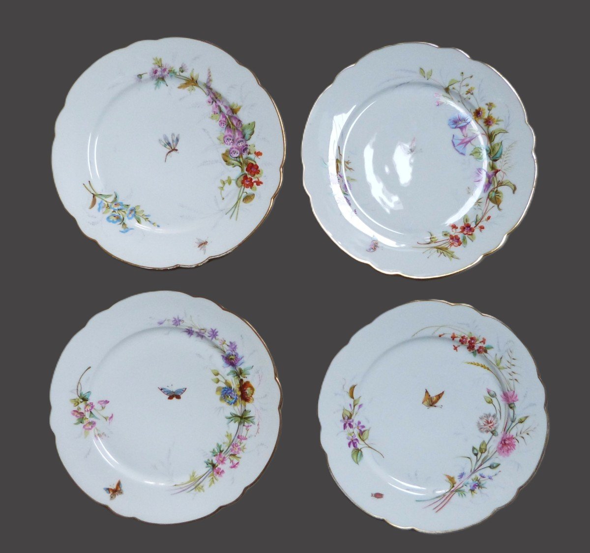 Set Of 12 Chanut Paris Porcelain Plates, 19th Century, Painted Flowers And Insects Decor-photo-2
