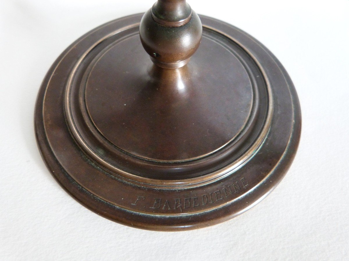 Barbedienne Pair Of Bronze Candlesticks With Medal Patina -photo-2