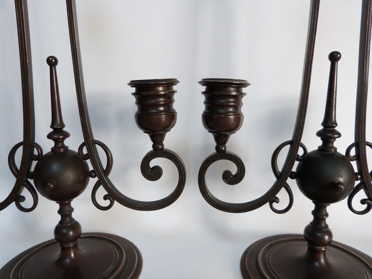 Barbedienne Pair Of Bronze Candlesticks With Medal Patina -photo-3