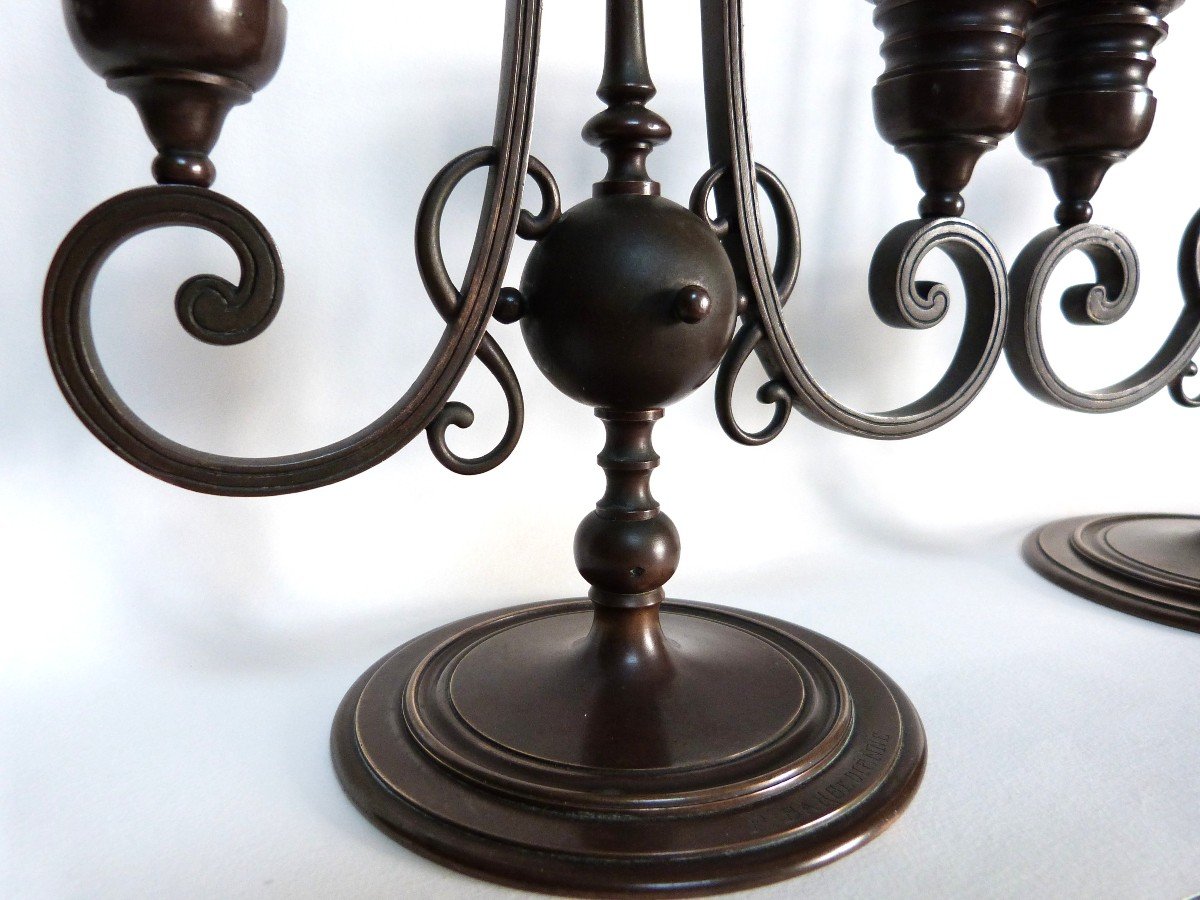 Barbedienne Pair Of Bronze Candlesticks With Medal Patina -photo-4