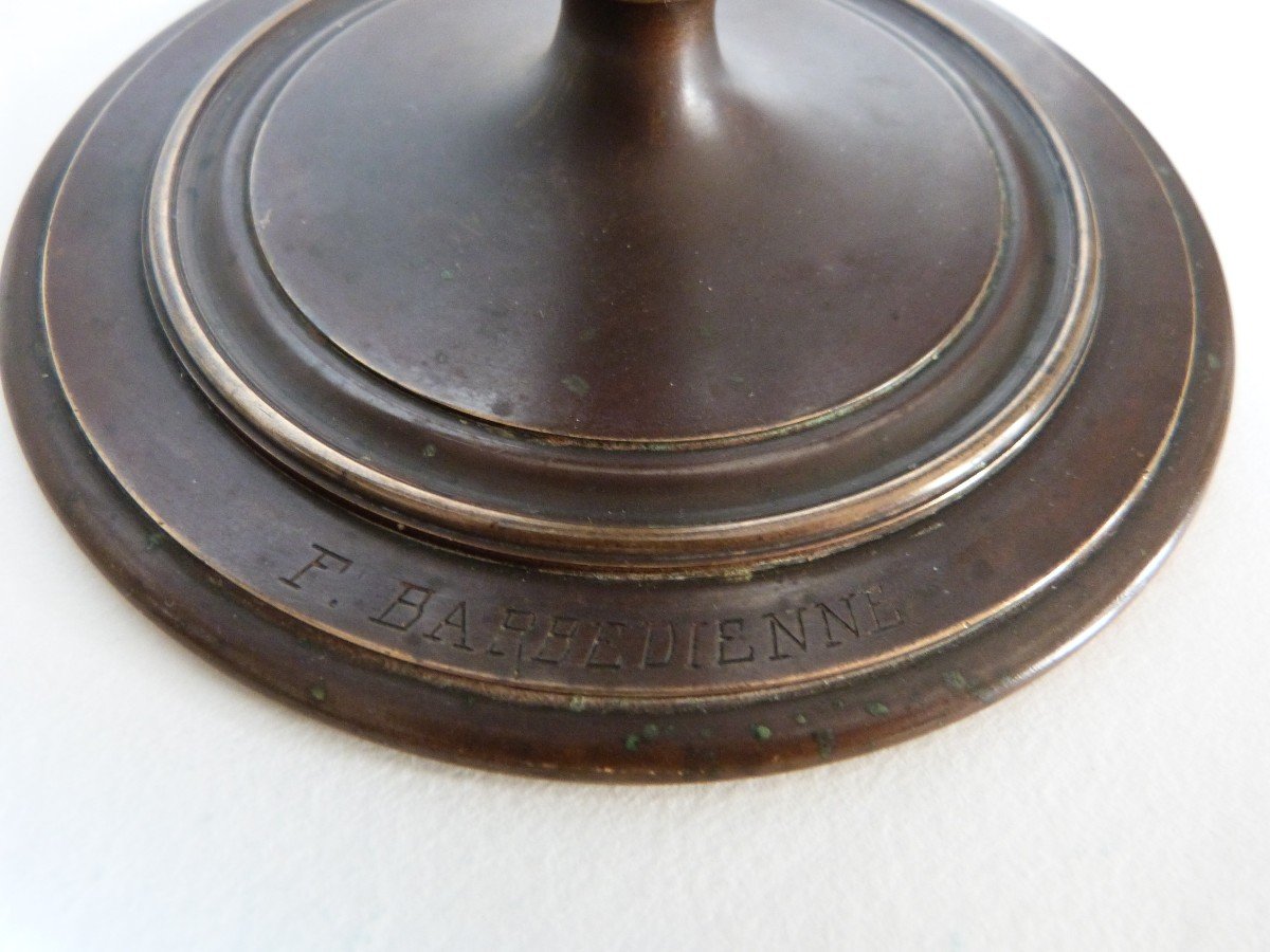 Barbedienne Pair Of Bronze Candlesticks With Medal Patina -photo-1