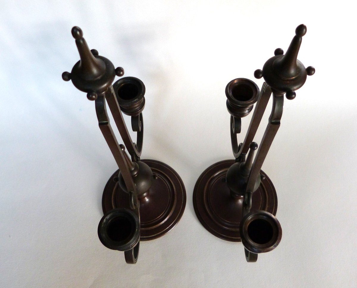 Barbedienne Pair Of Bronze Candlesticks With Medal Patina -photo-6