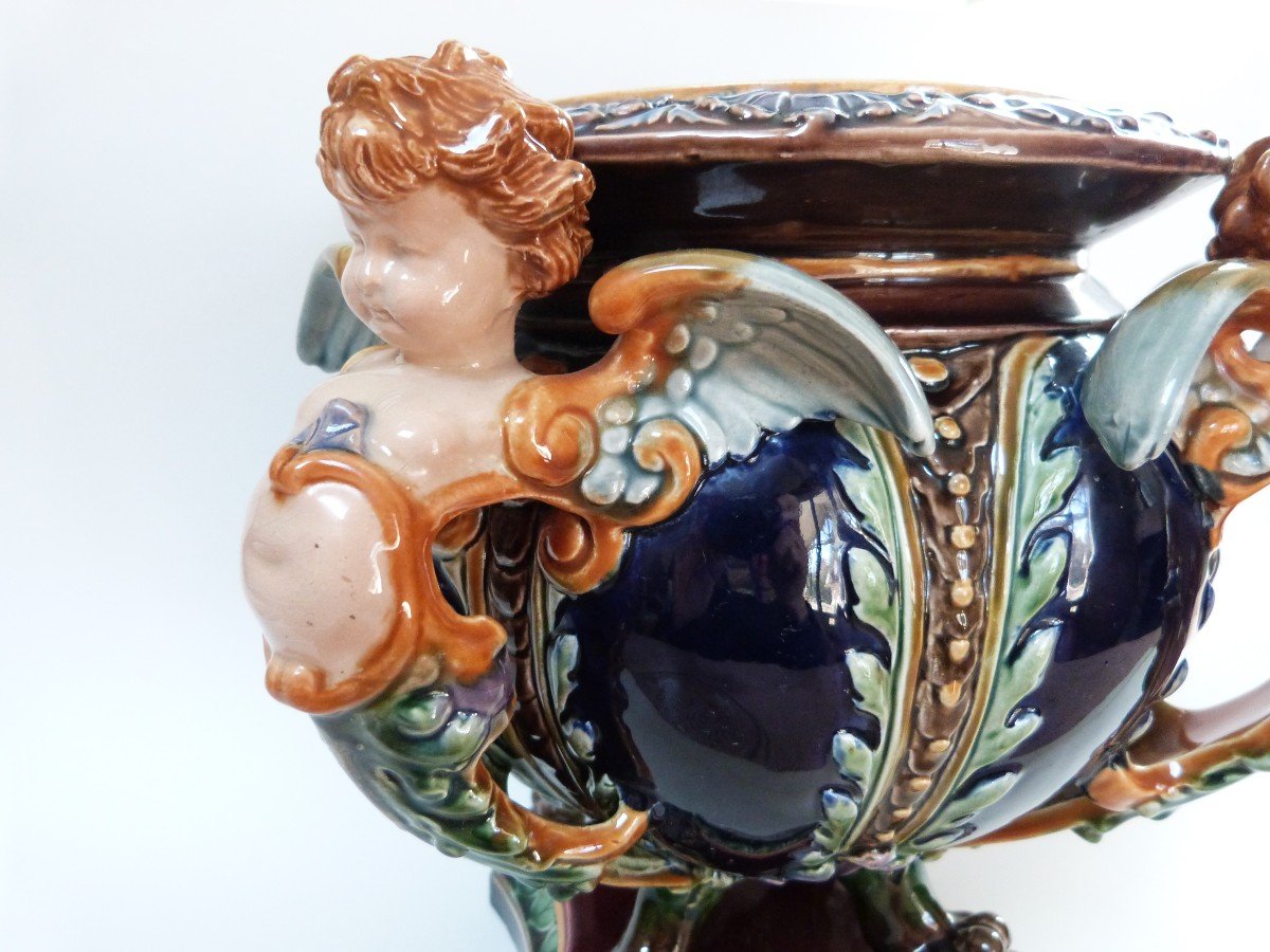 Hugo Lonitz Jardinière Cache Pot En Barbotine Allemagne XIXeme Décor Renaissance Angelots -photo-1