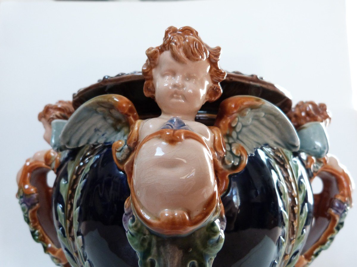 Hugo Lonitz Jardinière Cache Pot En Barbotine Allemagne XIXeme Décor Renaissance Angelots -photo-3
