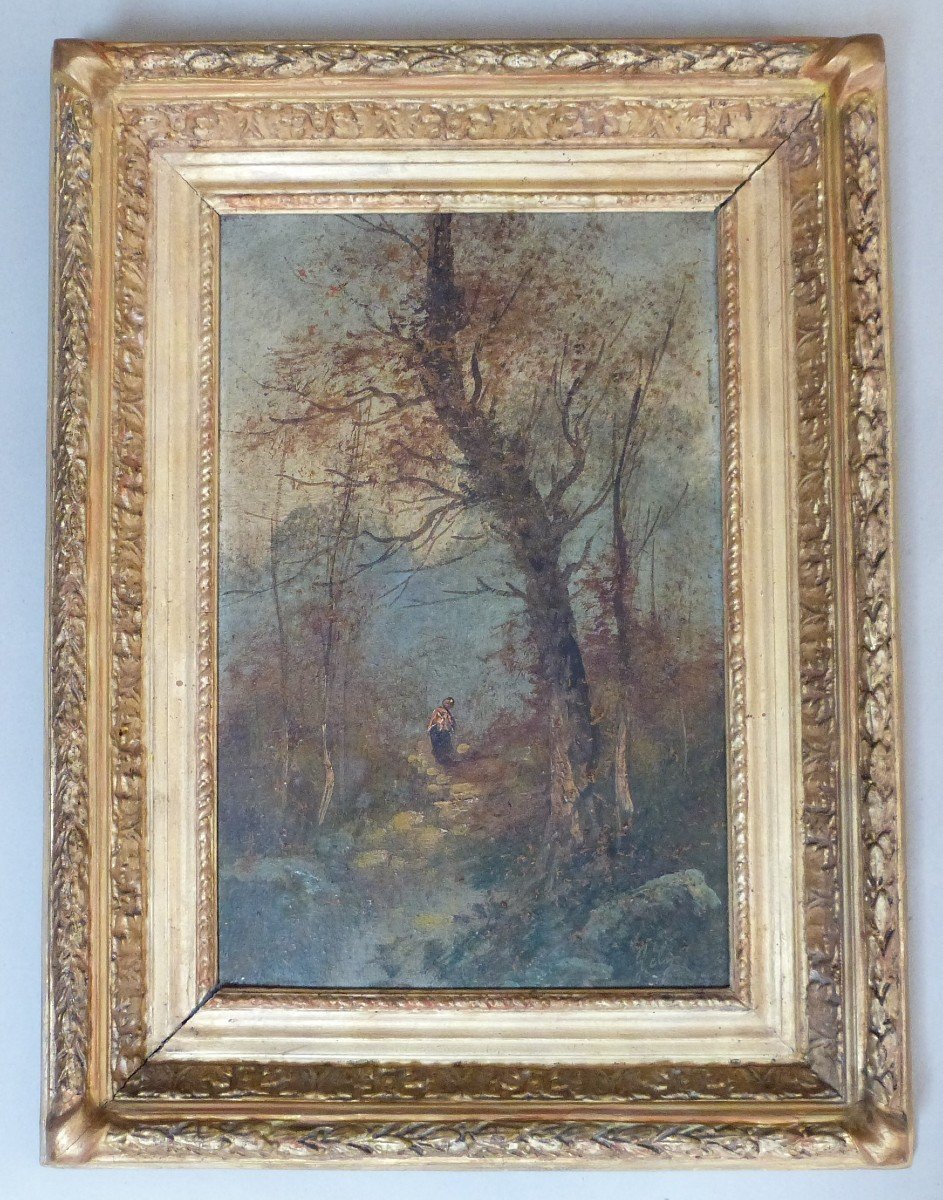 Gély Huile Sur Panneau Paysage De Forêt Animé Dans Le Style De l'école De Barbizon 