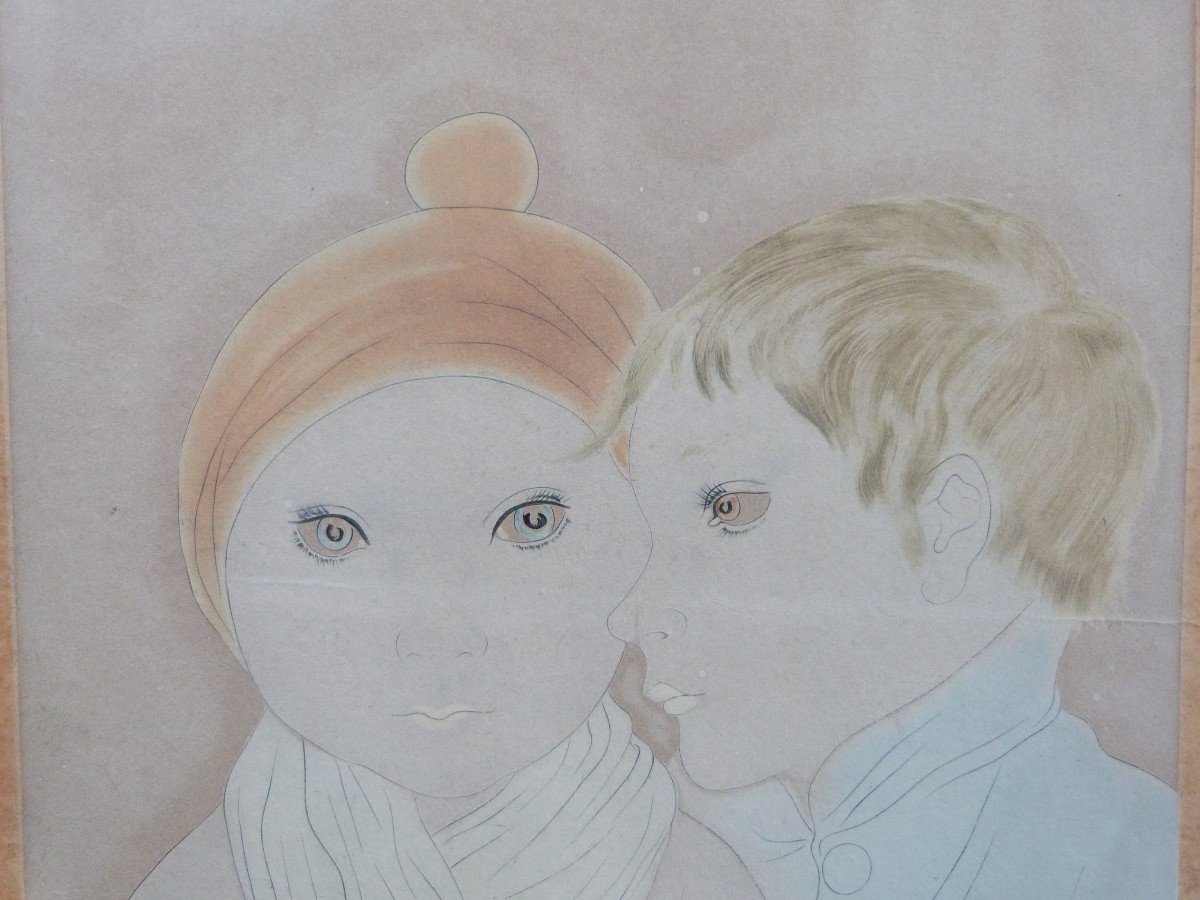 Foujita Deux Enfants Estampe De 1929 épreuve d'Artiste Signée Dans La Planche -photo-2
