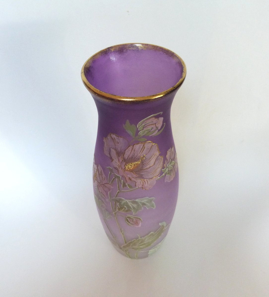 Legras Vase Art Nouveau Rare Décor De Fleurs d'Ibiscus émaillées -photo-2