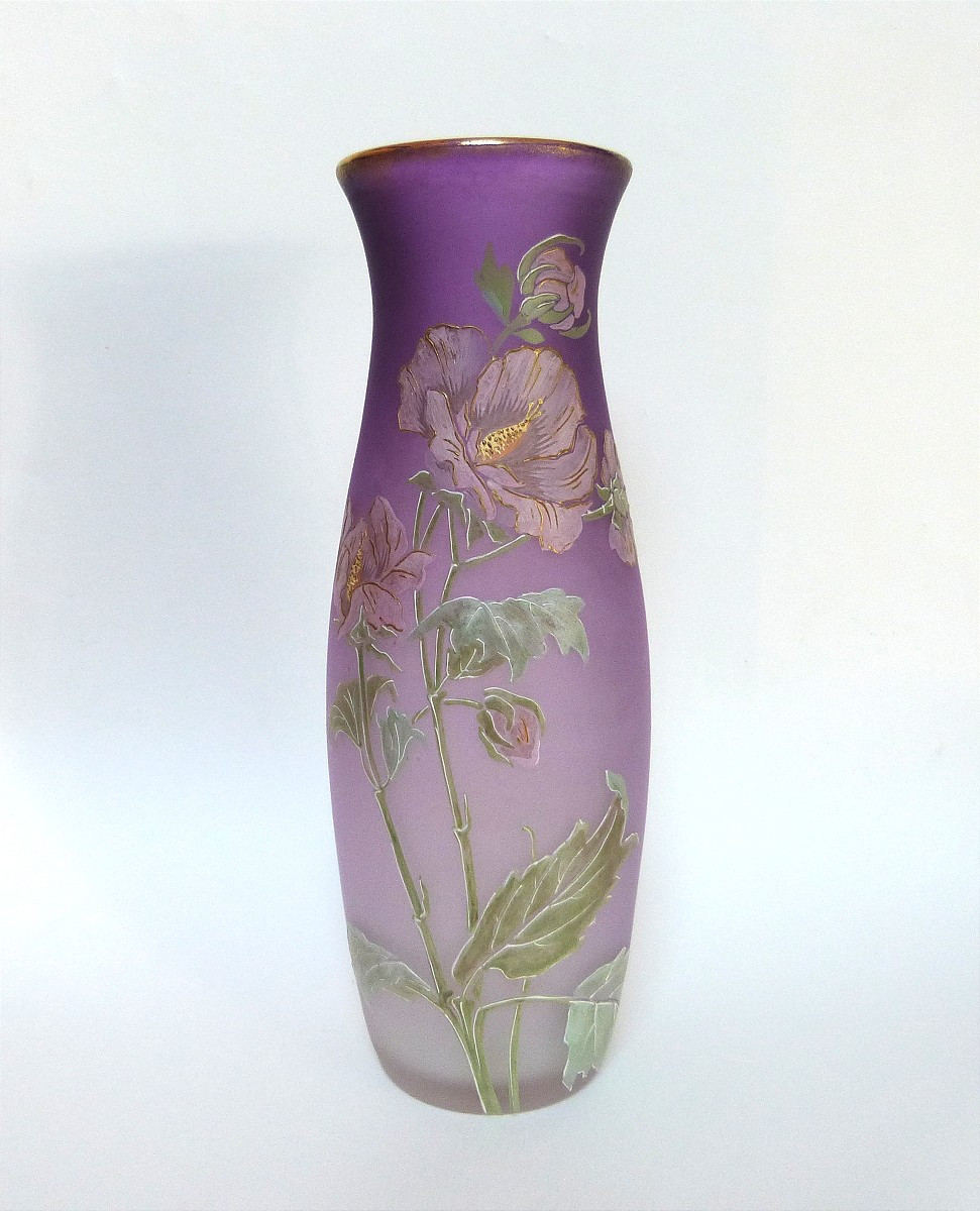 Legras Vase Art Nouveau Rare Décor De Fleurs d'Ibiscus émaillées 