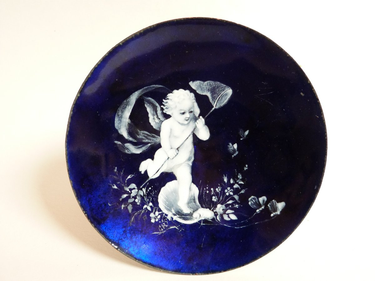 Limoges Enamel Cup Signed With Angel Decor, Late 19th Century -photo-3